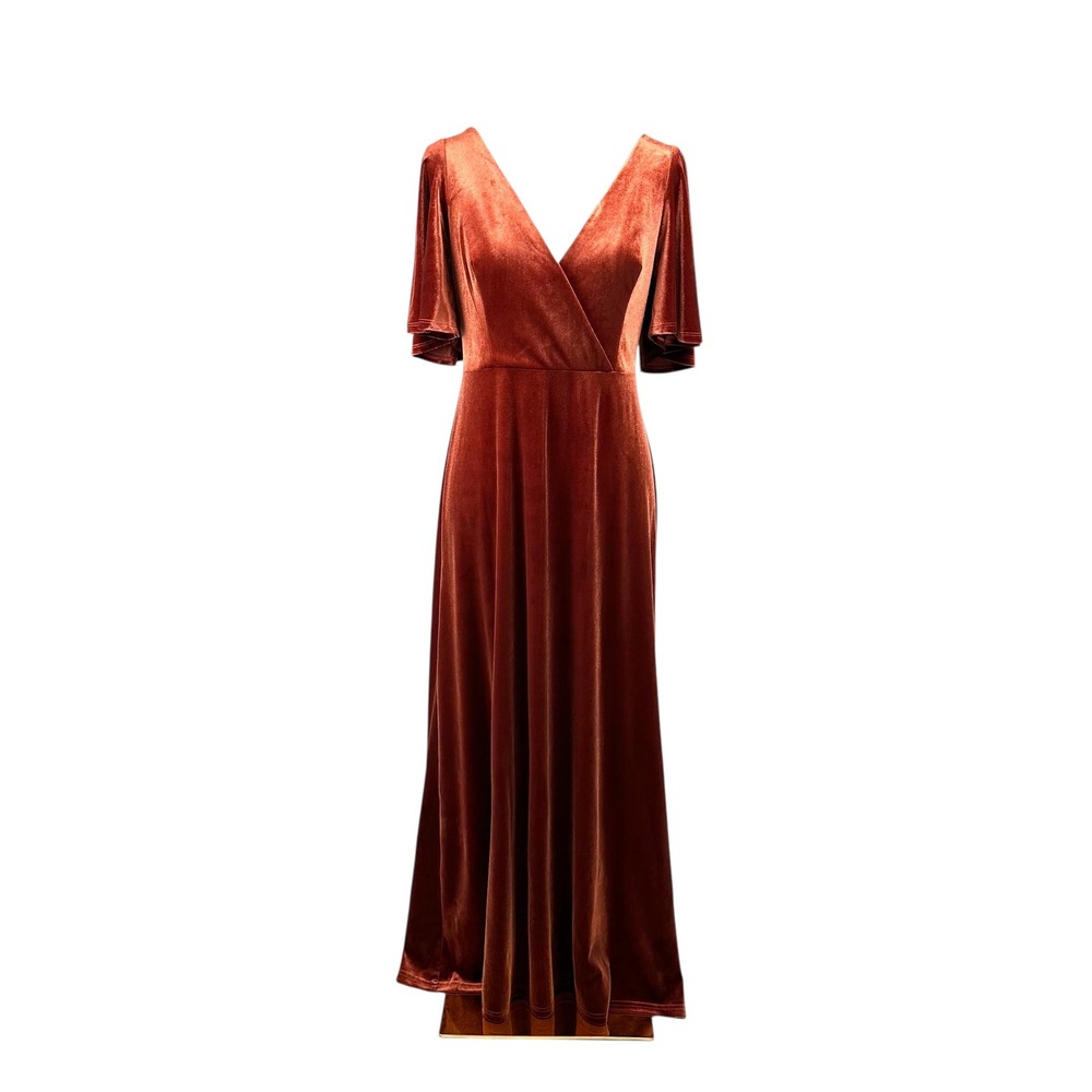 NWT Terracotta Velvet Maxi Dress V-Neck Flowy Flutter Sleeve Boho Gown SZ‎ 10